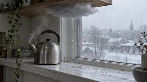 A steel kettle on a sill by a fogged window, steam forming one small grey cloud under a shelf, rain falling from it onto the sill, droplets running down the glass.