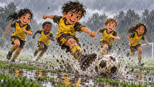 Five children in yellow and black kits play soccer on a soaking green pitch in heavy rain as water sprays from the turf and grey mist hangs over distant trees.
