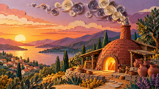 A brick-red pottery kiln with a tall chimney beside stacked clay pots sends up smoke of coiled grey and lilac quilled paper spirals over cutout hills.