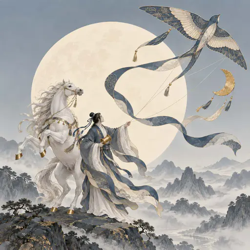 Stylized illustration of a robed kite seller beside a rearing white horse, ribbon kites streaming under a large cream moon disc.