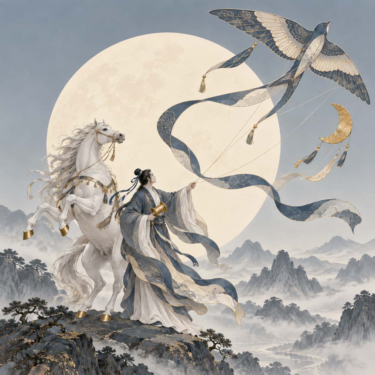 Stylized illustration of a robed kite seller beside a rearing white horse, ribbon kites streaming under a large cream moon disc.