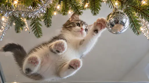 A playful kitten bats at a shining glass ornament that dangles from a Christmas tree branch with tinsel and warm fairy lights around and the kitten paw mid swipe.