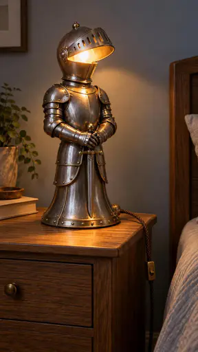 Knight light: a bedside lamp shaped as a standing medieval knight on a wooden nightstand, the rounded helmet forming the lamp crown with its visor raised open as a glowing shade, warm amber light pouring from inside the helm over a breastplate body and armored-skirt base, a braided power cord…