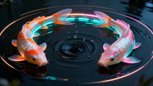 A ring of enamel-scaled koi arcs through an inky pool to form a luminous vortex of tranquil motion, with pearlescent scales, sheer ribbon fins, concentric wakes, and focused biolum bands in the center.