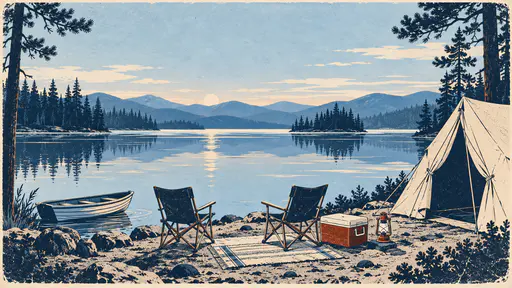 Two camp chairs, a small rug, a cooler and a lantern sit before an open canvas tent and a rowboat beside a still lake in a minimal flat folk print style.