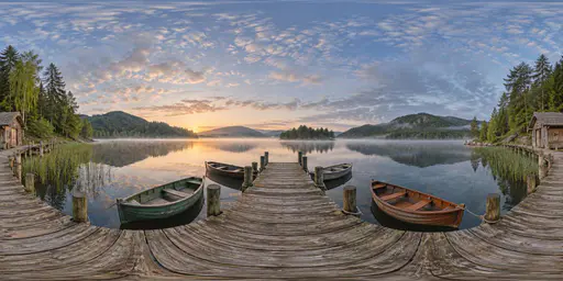 A full 360 degree equirectangular panorama from the centre of a wooden fishing dock on a calm lake with moored small boats, a boathouse, reeds, wooded shores and hills in soft morning mist.