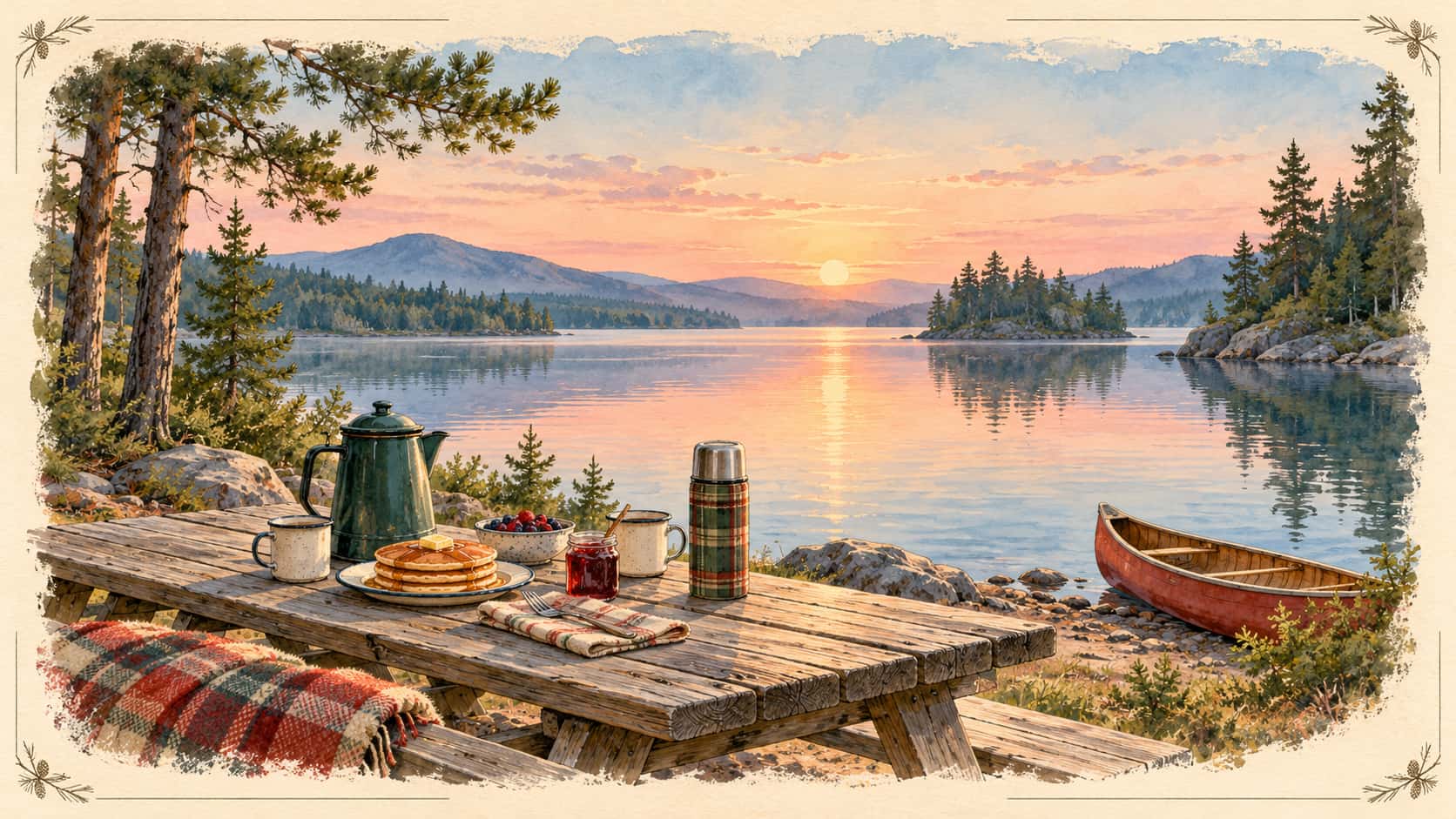 A weathered picnic table at the edge of a still lake holds a coffee pot, pancakes and jam beside a canoe under pines and a pale sunrise in soft watercolor.