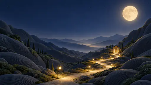 A narrow ribbon of golden lantern light winds through a dark indigo valley toward a softly glowing gate beneath a large ivory moon with open sky above.
