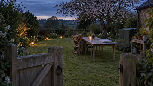 A quiet garden at blue dusk with a string of small lit lanterns along the lawn edge, wooden chairs stacked beside a cleared long table with a folded cloth, a closed green tool chest and a flowering cherry tree dark against the sky.