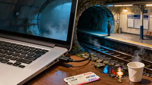 A laptop sits open on a desk with its USB port opening onto a tiny underground train station, glowing lights and a lone figure waiting at the platform in a quiet, surreal scene.