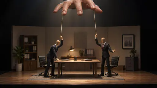 Pulling strings: a frontal conceptual miniature photograph under dramatic soft overhead light, where a large human hand enters from above and two thin strings run continuously from its fingers down to the raised wrists of two suited wooden managers standing at a tiny meeting table in a miniature…