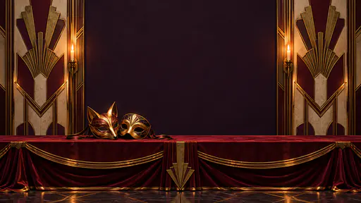 An elegant halloween event background: a wide art-deco ballroom banner in oxblood, midnight plum and bone with engraved aged-brass bands, mirrored flanking panels and candle sconces, and one pair of gilded masquerade masks leaning cheek to cheek on a banquet table at the lower left; the central plum field stays clear for event text.
