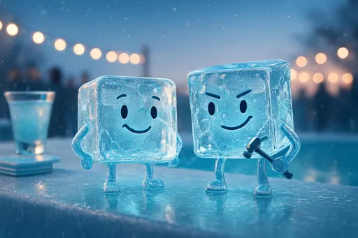 Two cartoon-faced ice cubes mingle at a frozen poolside party at chilly twilight; one smirks and fingers a tiny hammer, poised to 'break the ice' while guests twinkle in crystalline air. A playful, advertising-style scene blending 3D polish with whimsical character.