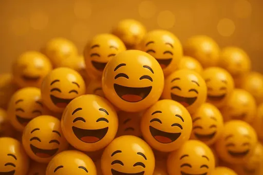 A polished 3D still of glossy laughing-emoji spheres in a dense, center-right overflowing cluster occupying two-thirds of a 3:2 frame, with warm amber-to-gold highlights and soft bokeh background.