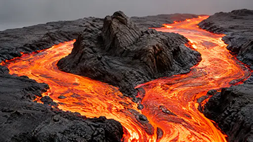 A bright lava flow branches into two glowing streams around one older dark rock island in flat overcast light and rejoins beyond it.
