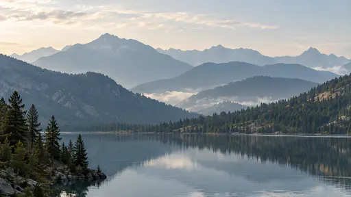 Layered mountain ridges from dark pine slopes to a faint blue horizon, a still mirroring lake, pine trees on a rocky near shore and mist between the ridges.