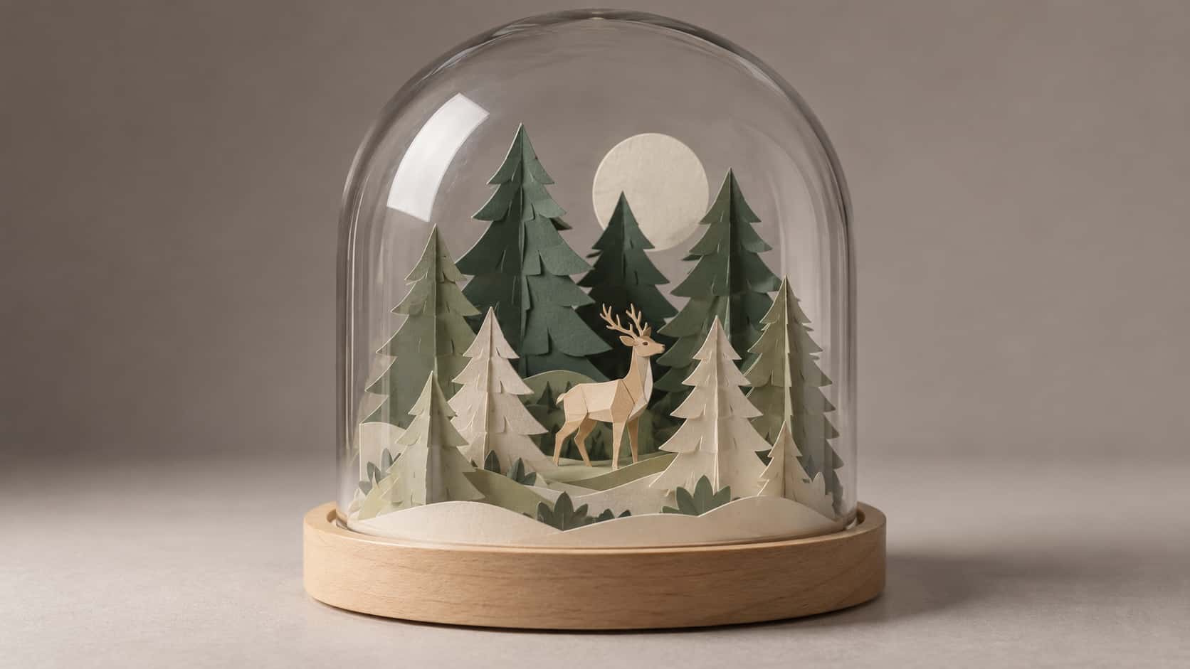 A layered woodland of cut paper pine trees in green and cream with a small paper deer between the middle rows and a paper moon behind sits inside a clear round glass dome on a pale wooden base.