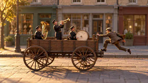 Jumping on the bandwagon: a cinematic miniature-scale side view on a paved street under warm afternoon light, where a person is caught mid-leap from the sidewalk onto the rear step of a wooden wagon whose open cart carries a tiny brass band still playing inside.