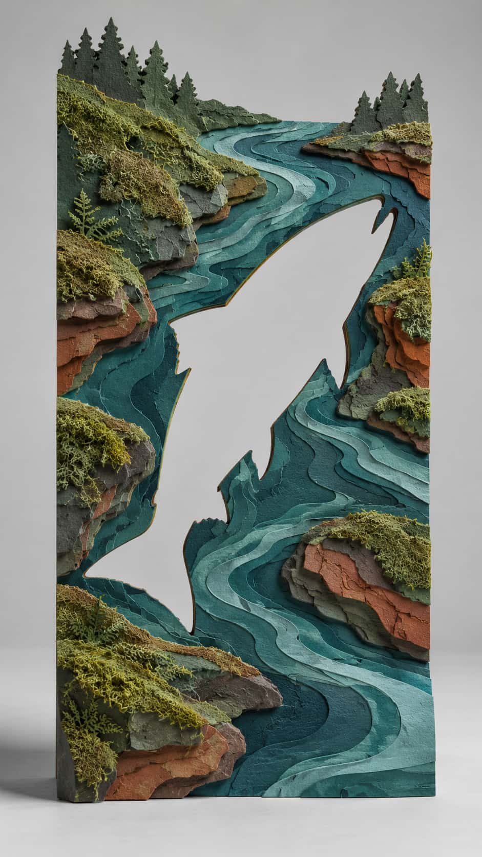 Stacked cut paper river layers in teal, moss green and rust stand on a pale seamless sweep with a large leaping salmon shaped opening cut through the middle layer showing the pale sweep behind.
