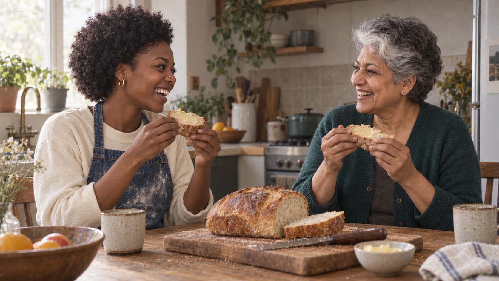 A young woman with a short natural afro in a flour-dusted denim apron and a South Asian woman with short silver-grey hair and a white streak in a green cardigan laugh warmly across a sunlit kitchen table each holding a thick buttered slice of fresh golden bread.