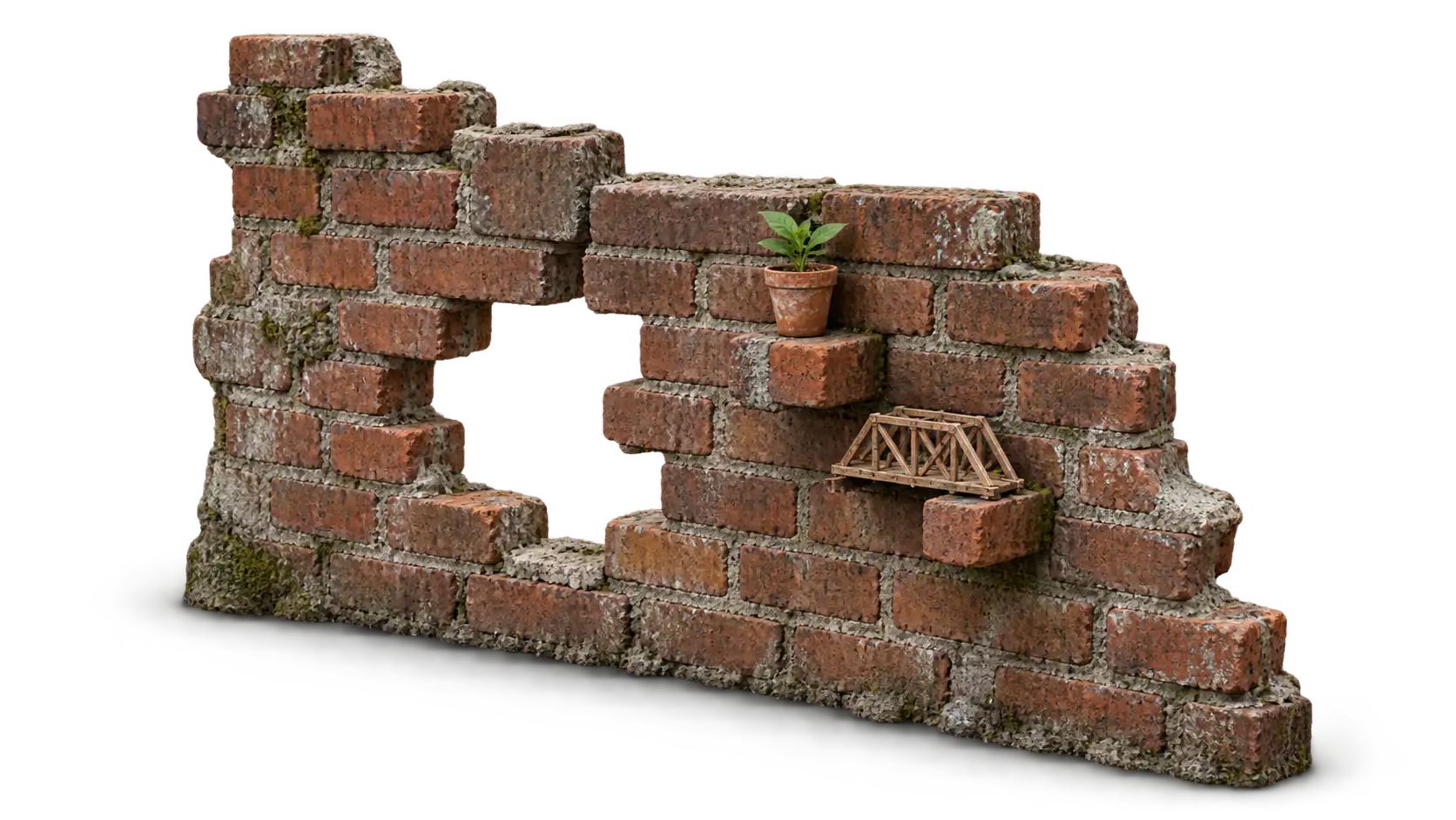 A fragment of weathered red-brick wall where two bricks have been pulled out and turned sideways into small ledges, one holding a potted seedling and the other a miniature wooden bridge, with an open gap breaking through the masonry behind them. Learning turns walls into shelves: understanding converts an obstacle into a useful resource.