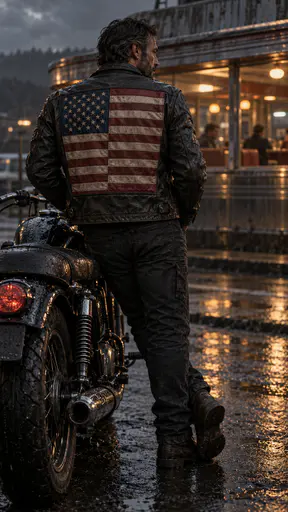 Adult in a leather jacket with a large stitched flag back panel leaning on a parked bike. Thirteen stripes and a neat canton shine for the road.