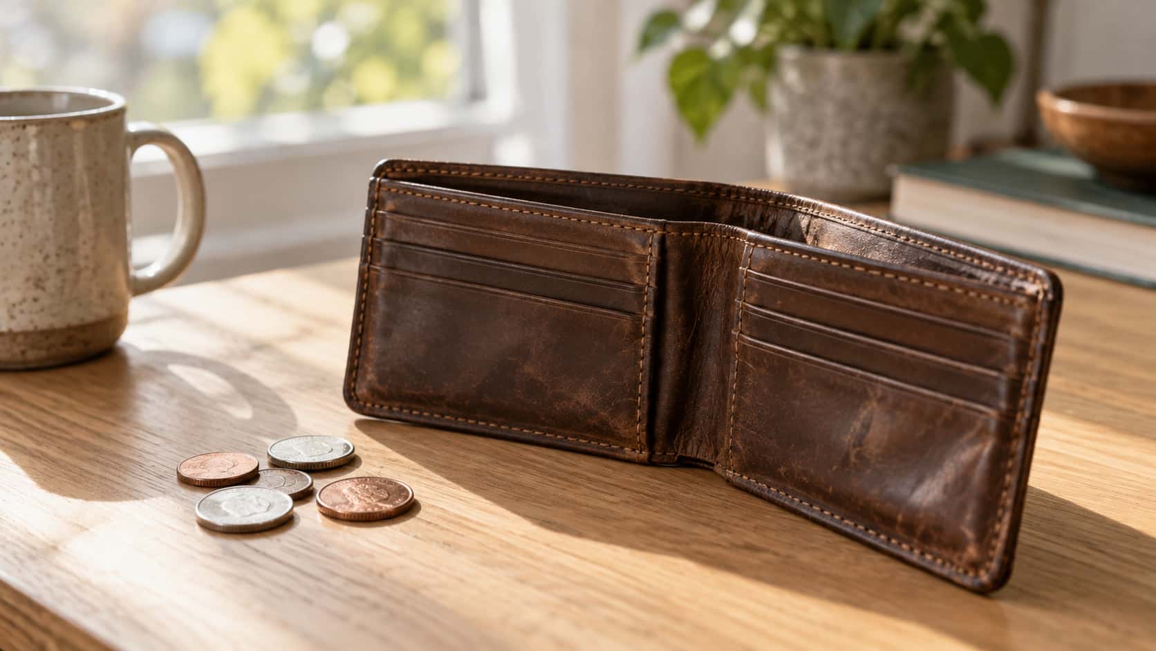 An open worn brown leather wallet lies on a pale oak desk beside a handful of silver and copper coins in soft side window light.