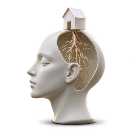 Letting an idea take root: a tiny paper house on a ceramic crown sends fine roots down through a clear window to branch inside the hollow head, a thought growing lasting, isolated on transparency.