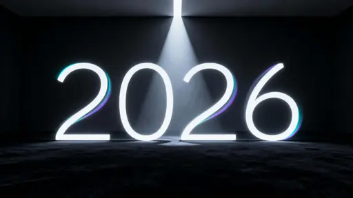 A single narrow white beam descends and splits on a matte dark plane, its two curved rays tracing the digits “2026” in stark, minimal light.