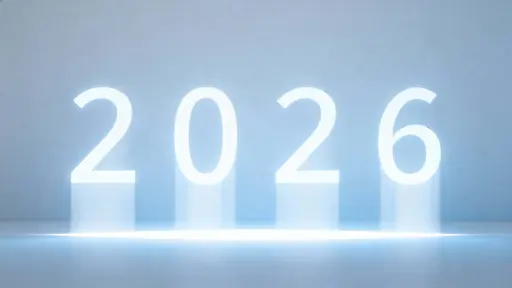 A faint horizontal beam crosses a 16:9 frame at the horizon while four vertical light beams rise and align into the numerals 2026, centered against a dark void.