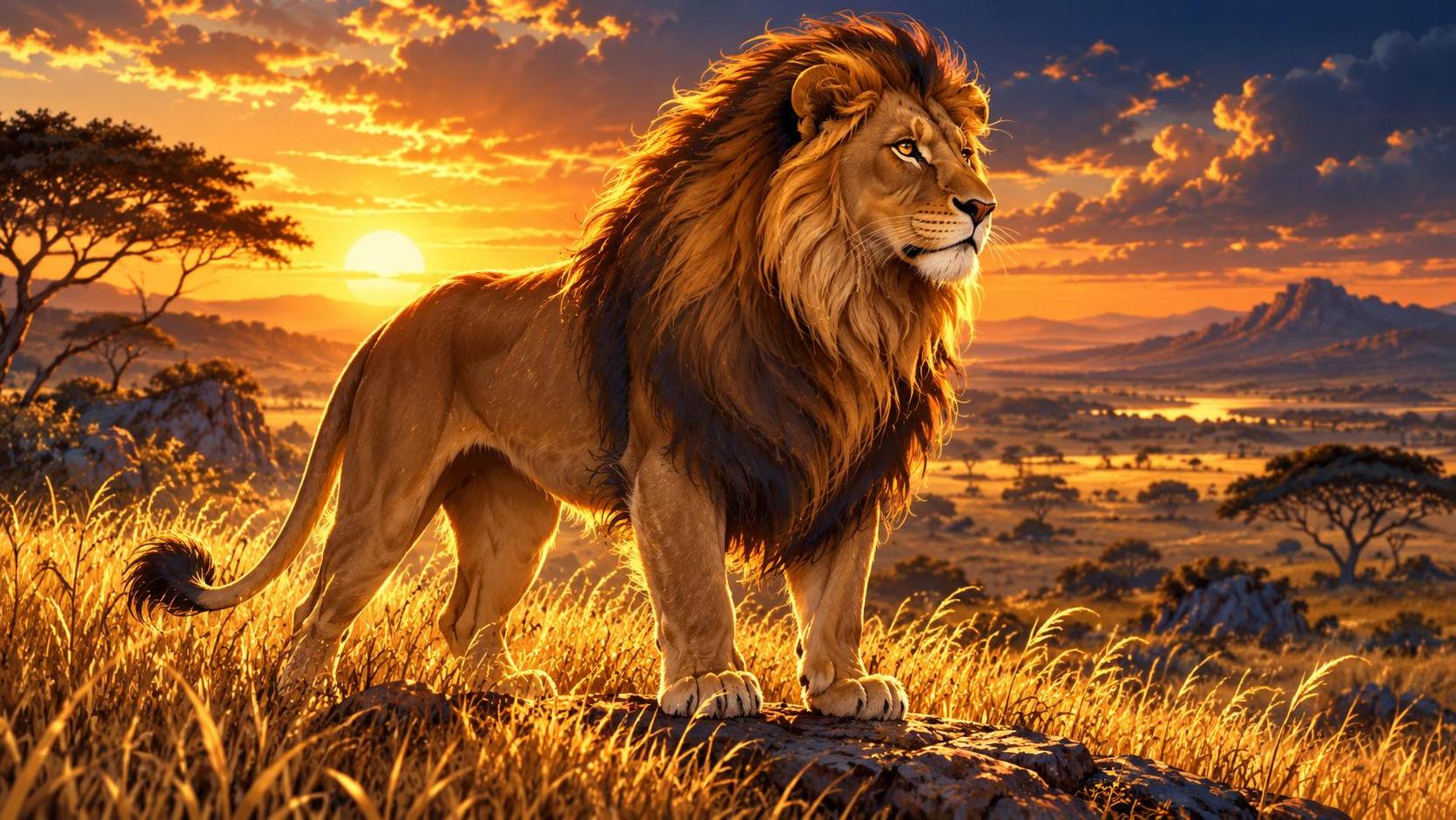 A male lion with a full thick mane stands in golden savanna grass and looks calmly into the distance with a warm sun low behind him.