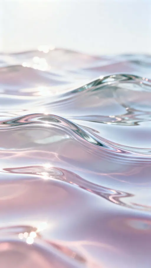 Translucent liquid glass waves ripple under sunlight in a 9:16 vertical composition, showcasing realistic reflections and soft pastel tones for a modern minimalist wallpaper.