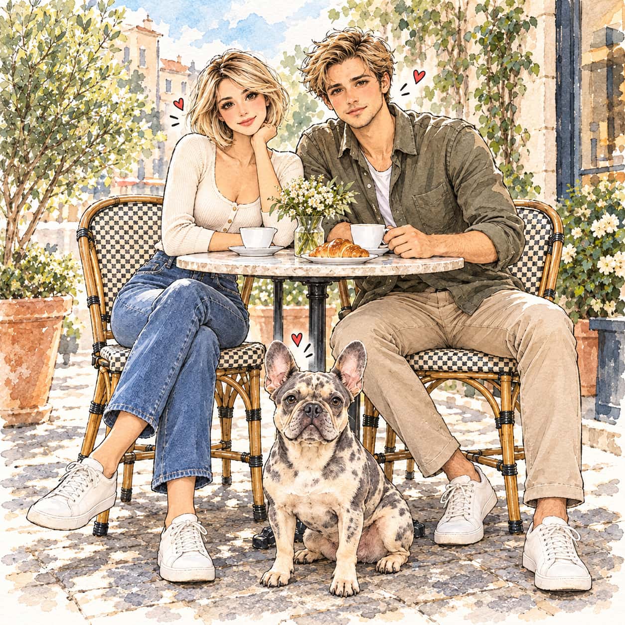 A watercolor-and-ink cafe portrait shows a seated couple and French bulldog with three small heart doodles amid plants and pale courtyard buildings.