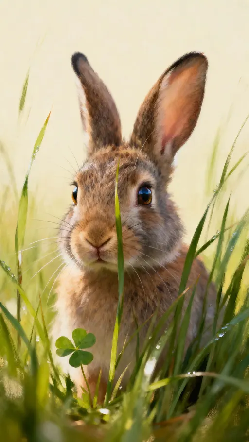 A small rabbit peeks from tall meadow grass with soft fur and whiskers eased by warm verdant light, framed in an intimate vertical crop for a delicate wallpaper mood.