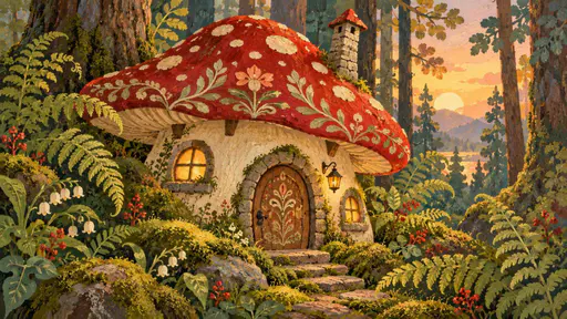 A small mushroom house in a forest with a red capped toadstool roof, a round door, tiny lit windows and a chimney is surrounded by ferns and moss in soft dawn light.