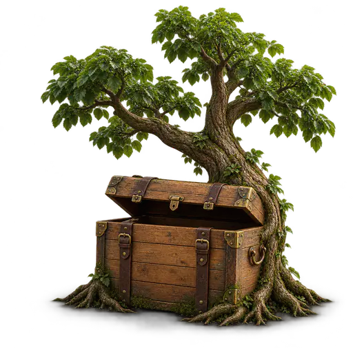 Tree trunk: a living tree whose lower trunk is a vintage wooden travel trunk with blank brass hardware and a partly open lid, bark and leafy branches continuing upward, isolated on transparency with a soft contact shadow.