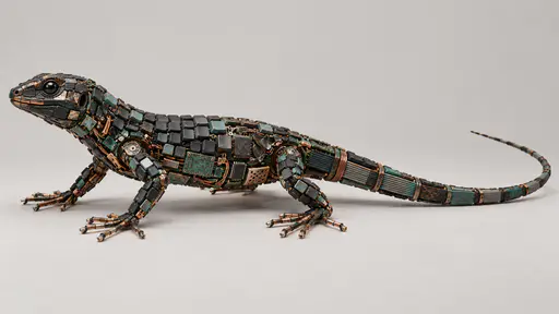 A lizard with scales of keyboard keys, a head of black casing, a tapering ribbon cable tail and connector pin feet crawls across a plain pale studio ground.