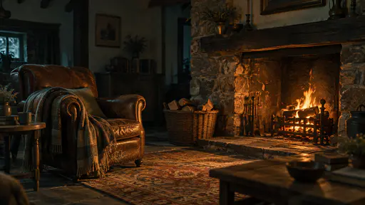 A log fire burns steadily in a stone cottage fireplace beside a leather armchair, a basket of logs and a hearth rug in warm firelight.