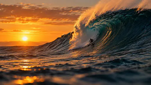 A lone surfer on a board catches a massive blue wave as the sun sets on the horizon with spray flying against a golden orange sky.