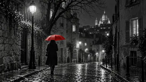 A lone figure in a long dark coat walks a rainy cobbled lane at night under an iron street lamp holding a vivid red umbrella in an otherwise black and white scene.