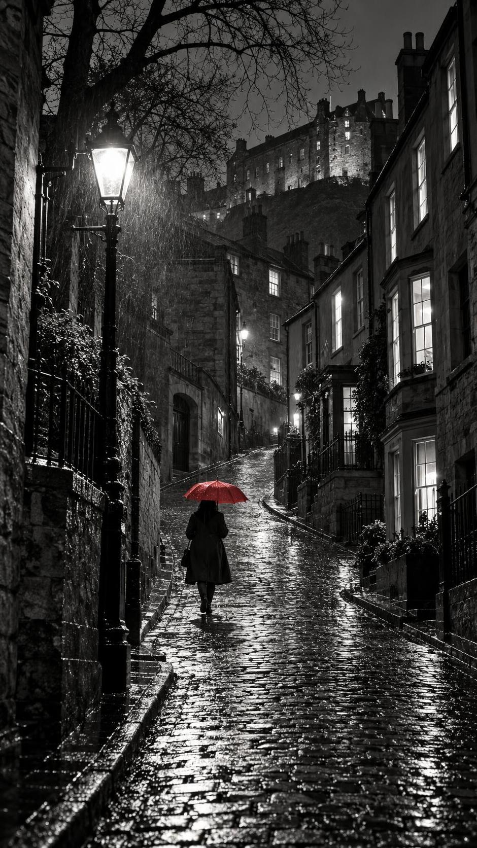 A lone figure in a long dark coat climbs a steep rainy cobbled lane at night under an iron street lamp holding a vivid red umbrella in an otherwise black and white scene.