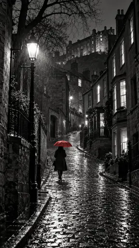 A lone figure in a long dark coat climbs a steep rainy cobbled lane at night under an iron street lamp holding a vivid red umbrella in an otherwise black and white scene.