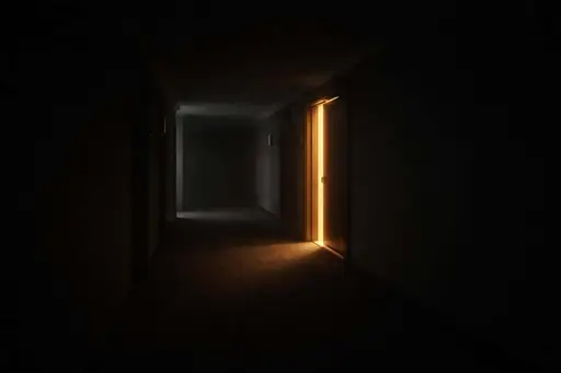Cinematic 3:2 interior of a long quiet hallway with one door slightly ajar, a thin amber light spilling across cool charcoal floors and minimal detail.