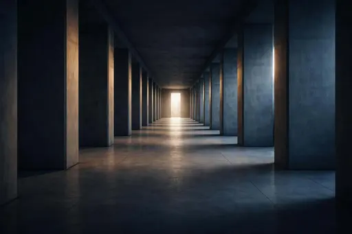A 3:2 architectural scene of a long rectangular room lined with repeating pillars, rendered with deep perspective, clean light, and framing guidance for compositional cropping.