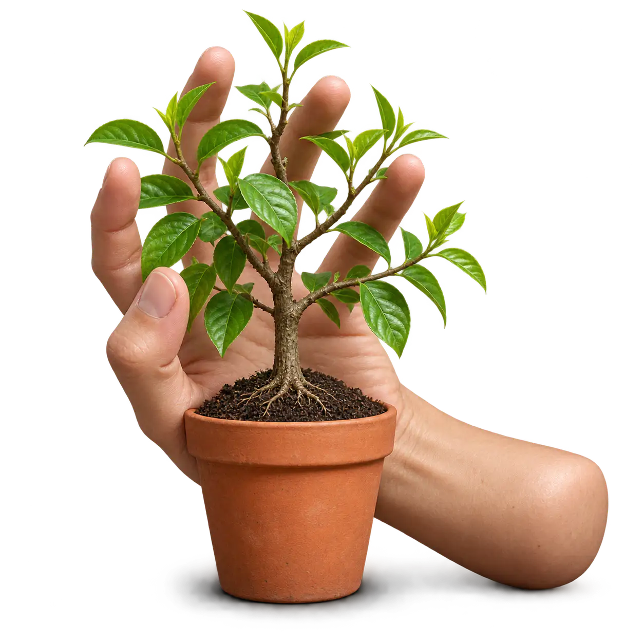 Loosening your grip: a large open hand lifts its fingers away from a rooted sapling in a plain terracotta pot, its pressed branches spreading free — allowing more freedom or reducing control.