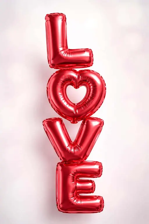 Cinematic 3D render of high-gloss metallic red foil balloons spelling L-O-V-E stacked vertically in a 2:3 card frame against a soft diffused white backdrop, with realistic seam crinkles and specular highlights for tactile depth.