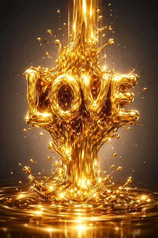 A vertical 2:3 cinematic macro of the word LOVE formed by shimmering molten gold flows, thick viscous ripples, and high-gloss metallic texture against a dark grey gradient.