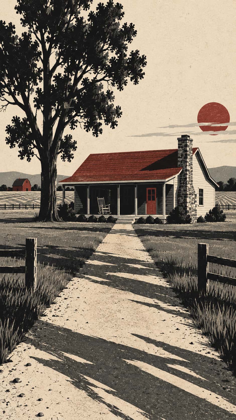 A low timber ranch house with a deep porch, a stone chimney and a rocking chair stands beside a tall cottonwood at the end of a path in angular deco planes.