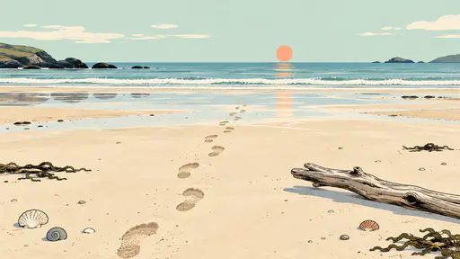 A low tide beach with a long line of bare footprints across wet sand, a piece of driftwood and shells in flat colour on a mint and cream ground.