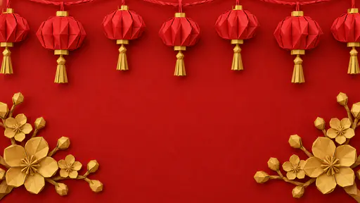 A wide deep red folded-paper card background with a row of seven red paper lanterns with gold tassels hanging from a cord along the top, gold paper plum blossom branches in both bottom corners and a large plain red centre.